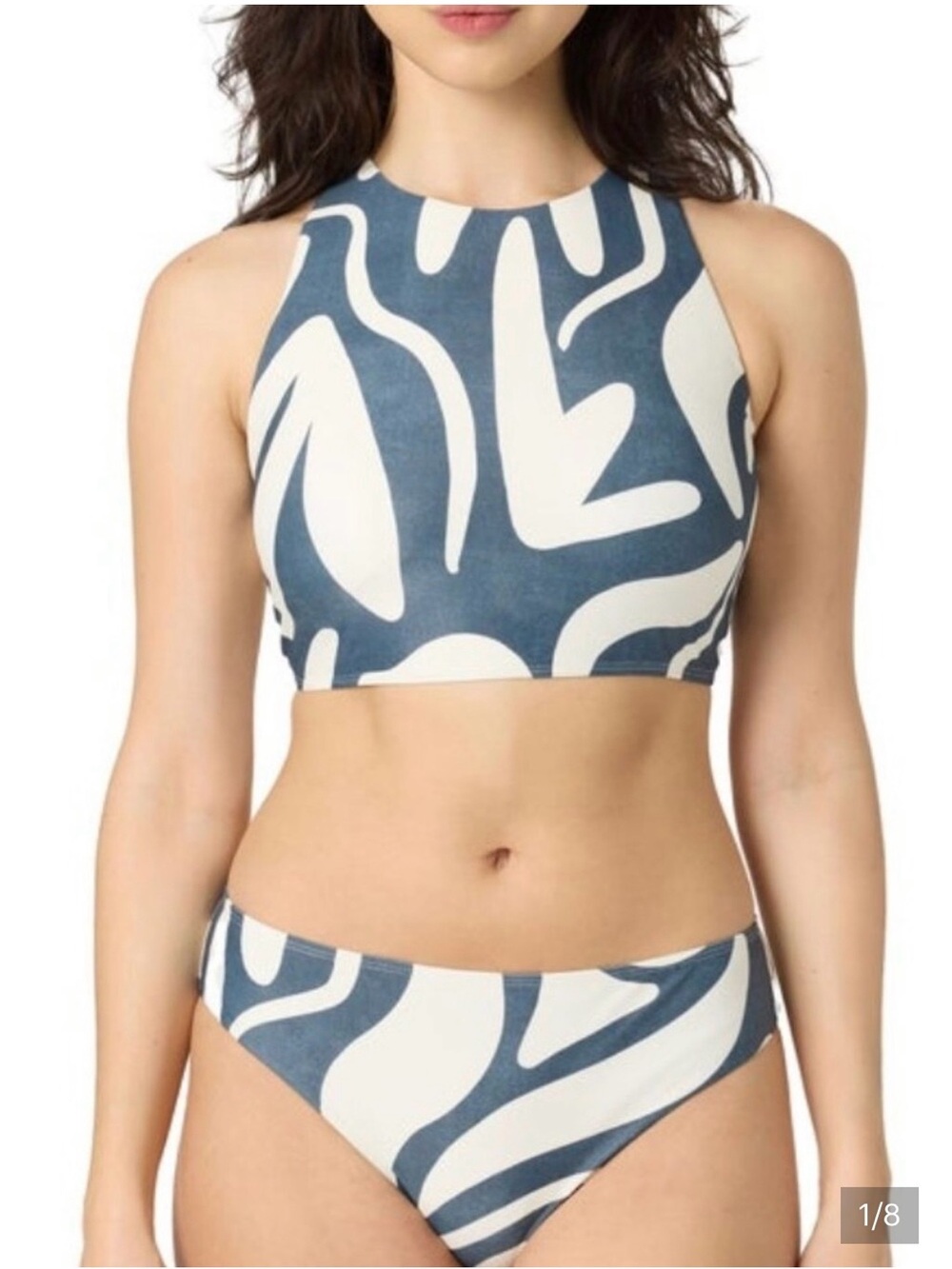 Sol Angeles High Neck Two-Piece Swim Set in Blue and White